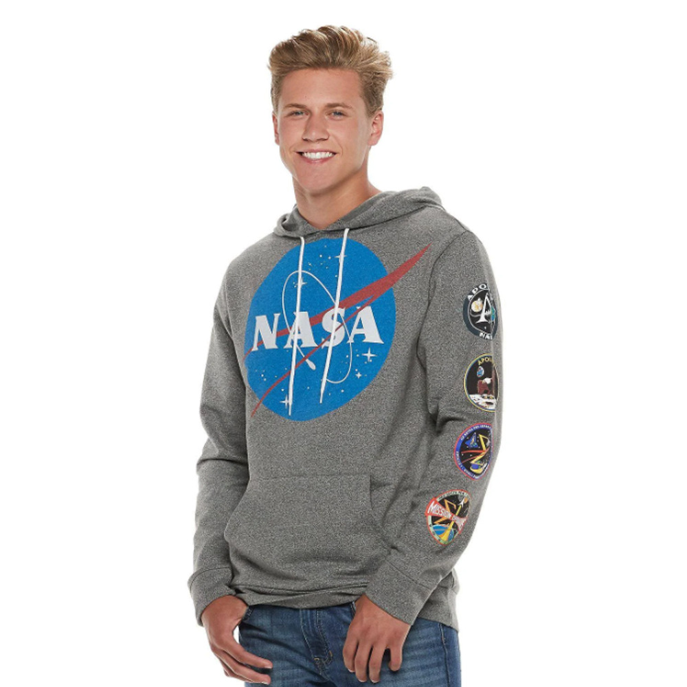 Buzz Aldrin Gray NASA Logo Graphic Patched Hoodie Sweatshirt Men's Size Medium
